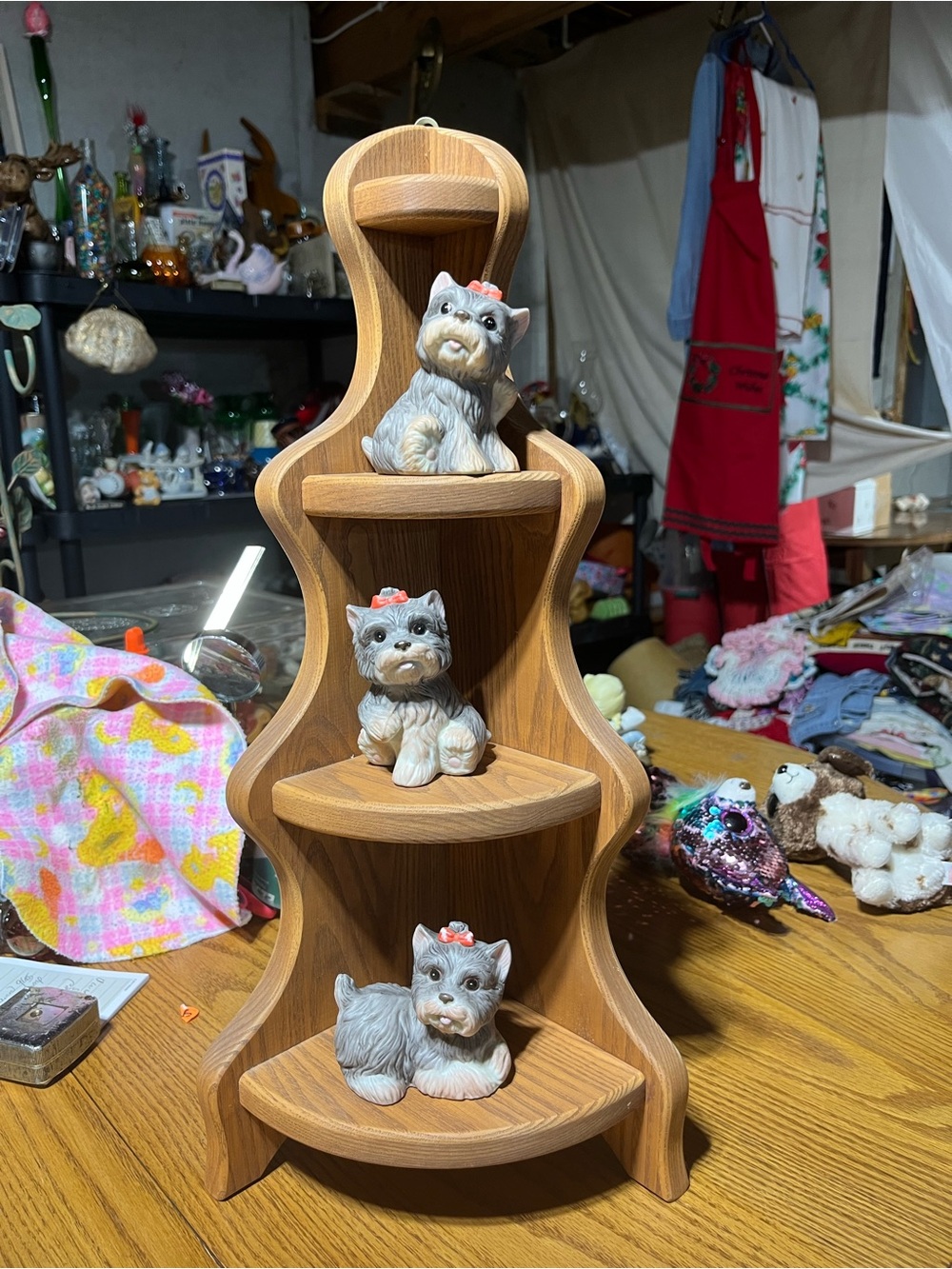 Wood Corner Shelf Display with Gray Dog Figurines